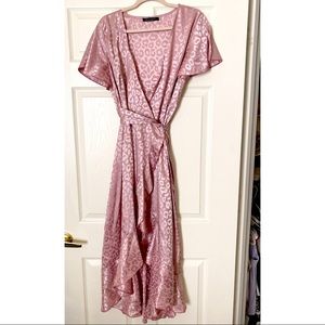 Pink leopard print silk / jacquard wrap midi dress
